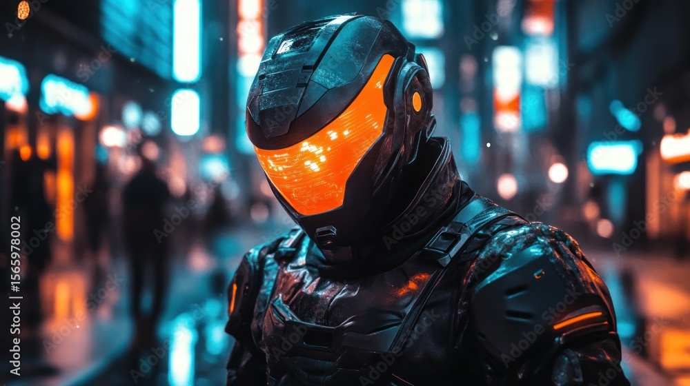 Fototapeta premium Futuristic figure in futuristic armor in a city at night