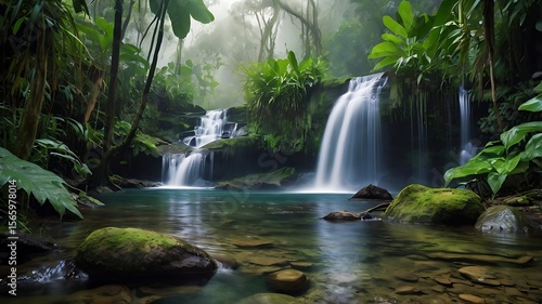 Lush rainforest scenery with waterfalls cascading into a clear pool and dense vegetation © MOHAMMOD