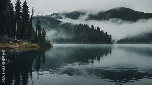 Fototapeta Naklejka Na Ścianę i Meble -  Calm lake reflecting foggy mountains and evergreen trees in a serene nature landscape scene