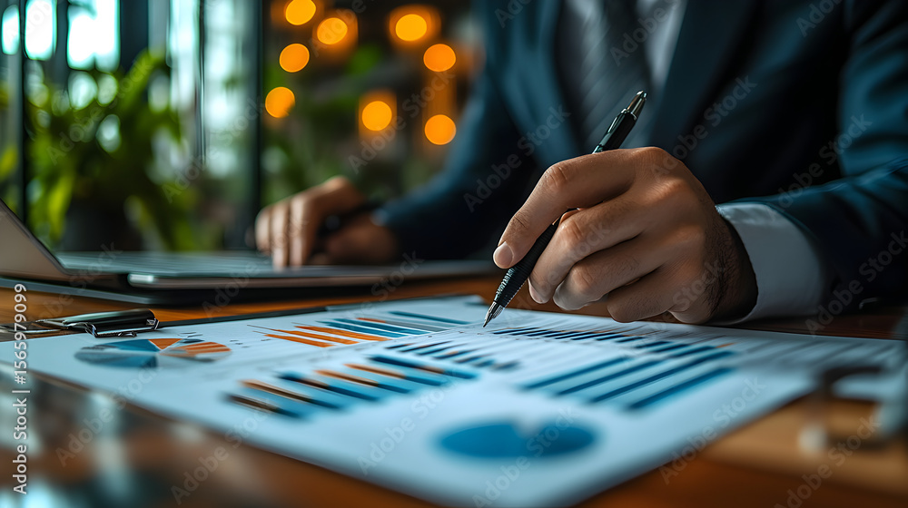 Fototapeta premium Corporate auditor examining sustainability reports in a contemporary office setting, highlighting ESG reporting, business analysis, corporate governance, and commitment to environmental and social res