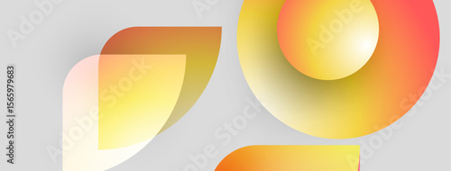 Abstract shapes overlap, creating vibrant gradients. Yellows, oranges, reds blend into gray background. Modern design elements present.