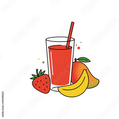 Colorful smoothie illustration featuring a glass of red smoothie with mango, banana, and strawberry.