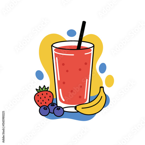 Refreshing berry and banana smoothie in a tall glass, garnished with fresh fruit.