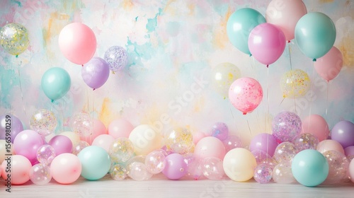 Pastel balloon birthday background with soft colorful balloons, light pink and blue party decor, festive backdrop for baby celebration or first birthday event indoors




