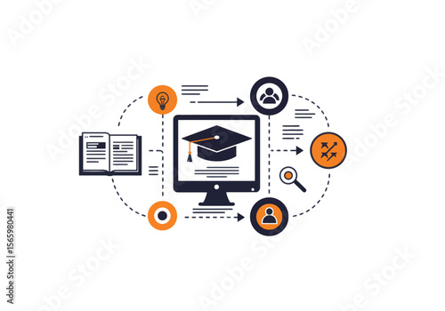 Wallpaper Mural A graphic representation of online education, showing interconnected elements like books, a computer, and graduation cap. Torontodigital.ca