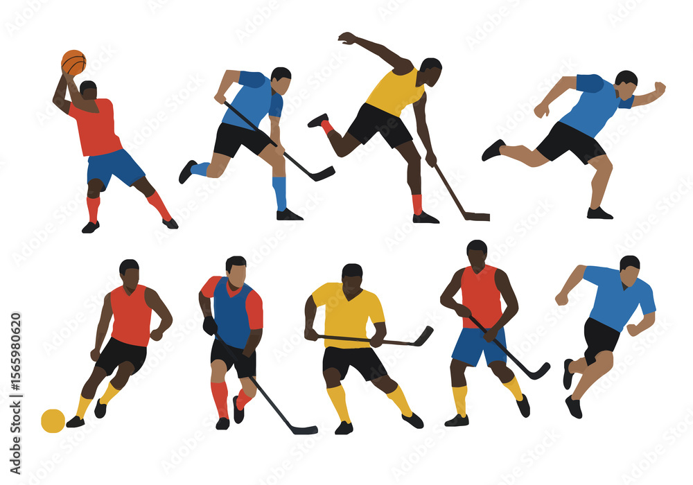 Diverse athletes in dynamic action poses playing various sports, including basketball and hockey. Diverse athletes in dynamic action poses playing various sports, including basketball and hockey.