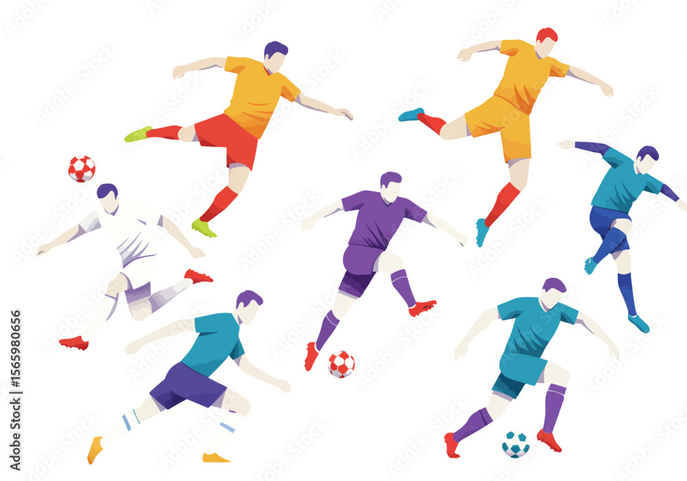 Soccer players in dynamic action, various poses, different colored jerseys. Soccer players in dynamic action, various poses, different colored jerseys.
