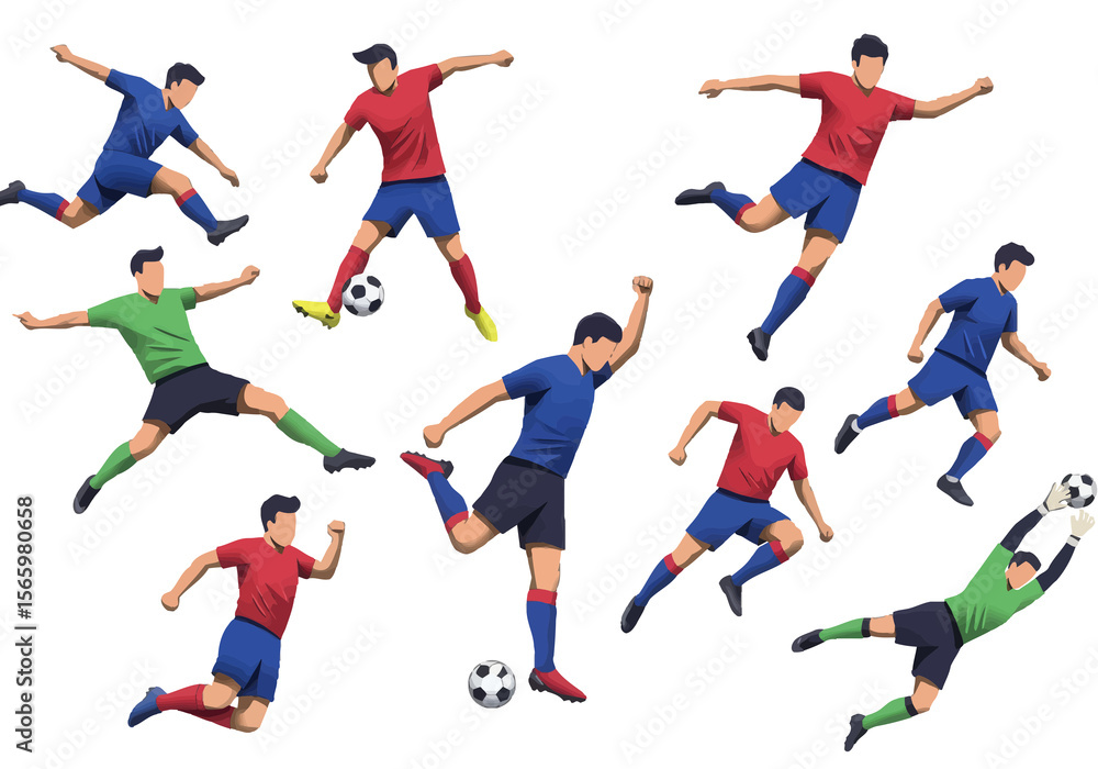 Dynamic soccer players in action, showcasing various skills and poses. Dynamic soccer players in action, showcasing various skills and poses.