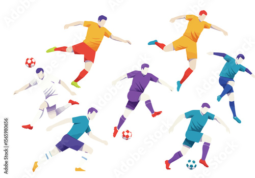 Soccer players in dynamic action, various poses, different colored jerseys.