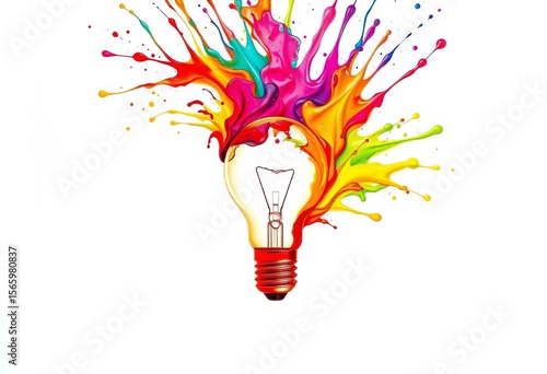 Abstract colorful paint splash forming a lightbulb shape on white,  innovation,  design