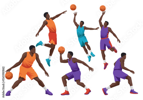 Basketball players in various dynamic actions, showcasing different plays and positions.