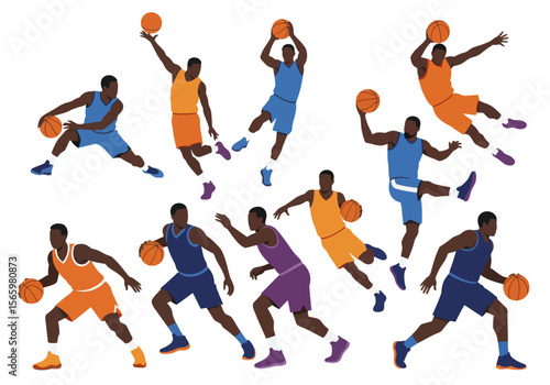 Silhouette illustrations of basketball players in various action poses, dribbling and shooting.