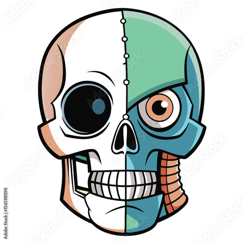 Cyborg Skull Art with Detailed Anatomy and Color Accents	