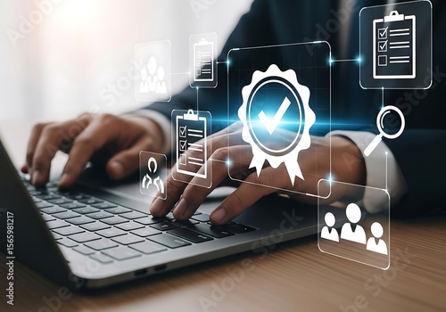 Business professional using a laptop with digital interface showing quality assurance icons and checklist for successful project management