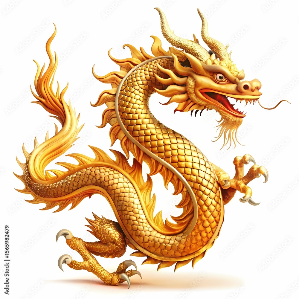 Obraz premium Golden Dragon Chinese Mythology Symbol of Power Good Fortune on white background