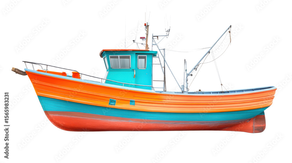 Colourful fishing boat in vibrant orange and blue on white background Colourful fishing boat in vibrant orange and blue on white background