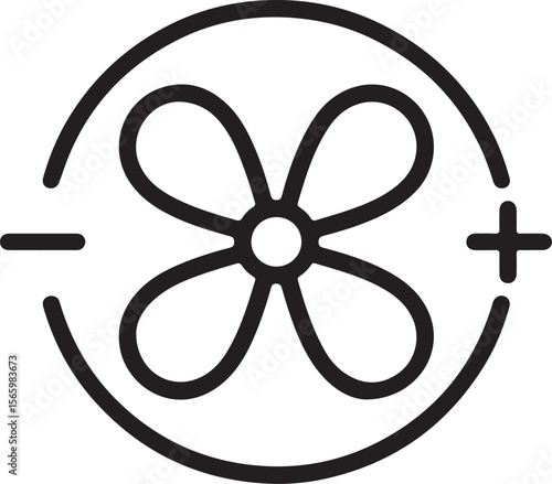 Black and white circular fan symbol with plus and minus signs icon