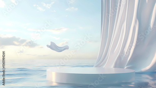 
D podium display set on water. Ocean view, Pastel background, white curtain cloth flying, levitating. Cosmetic beauty product promotion nature mock up. Step pedestal, summer minimal banner 3D render