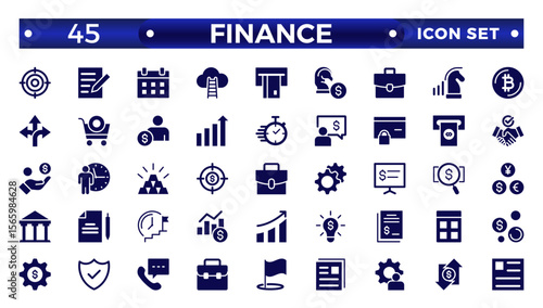 Finance solid icon set. Containing loan, cash, savings, financial goal, profit, budget, mutual fund, earning money, and revenue icons. Outline icons related to management, administration.
