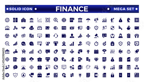 Finance solid icon set. Containing loan, cash, savings, financial goal, profit, budget, mutual fund, earning money, and revenue icons. Outline icons related to management, administration.
