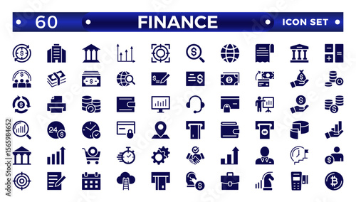 Finance solid icon set. Containing loan, cash, savings, financial goal, profit, budget, mutual fund, earning money, and revenue icons. Outline icons related to management, administration.
