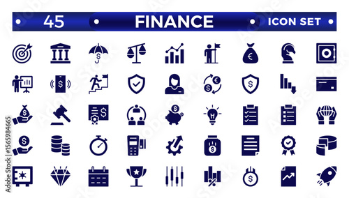 Finance solid icon set. Containing loan, cash, savings, financial goal, profit, budget, mutual fund, earning money, and revenue icons. Outline icons related to management, administration.
