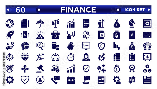 Finance solid icon set. Containing loan, cash, savings, financial goal, profit, budget, mutual fund, earning money, and revenue icons. Outline icons related to management, administration.
