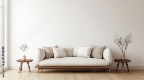 Bright, minimalist living room with off-white couch, side tables, and sparse floral decor