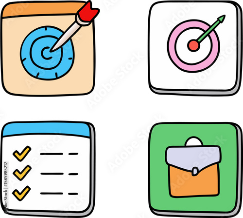 Four colorful hand drawn icons representing business goals targets tasks and a briefcase