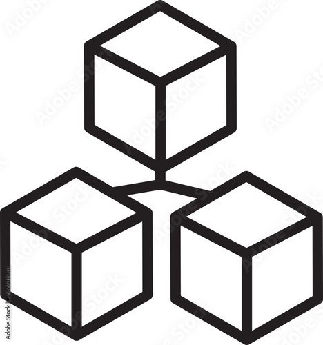 Three connected geometric cubes in minimal black outline style, symbolizing network, structure, or blockchain technology, isolated on transparency background