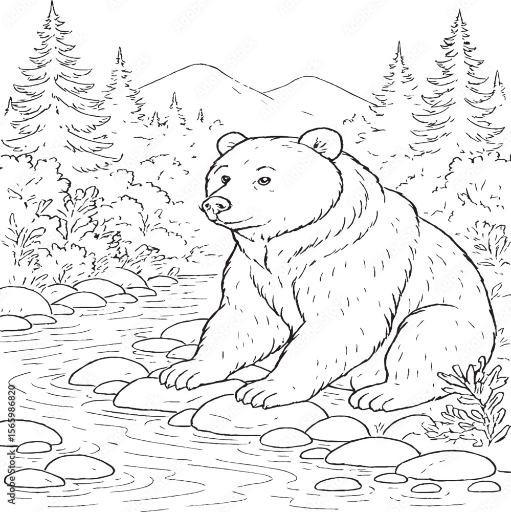 Fototapeta premium Black and White Line Art of Bear by Forest River – Wildlife Nature Sketch