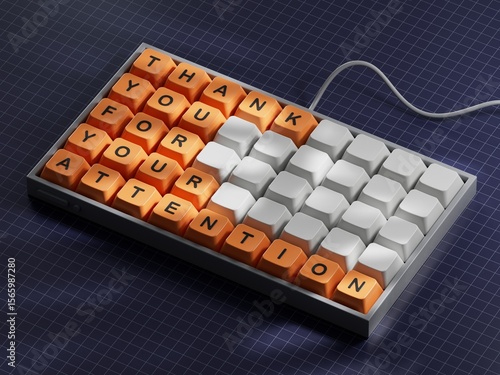 Attention symbol. Computer keyboard keys with words Thank you for your attention.Business and Thank you for your attention concept.Copy space.3D rendering on blue background.