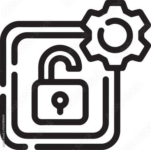 Minimalist black and white line art icon of an unlocked padlock and gear security technology
