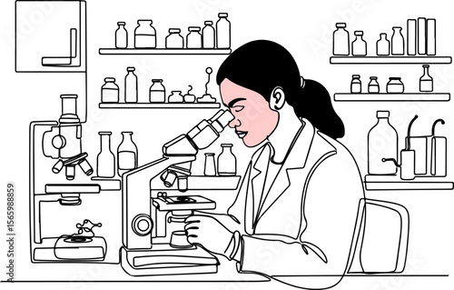 Female Scientist Using Microscope in Laboratory – Line Art Illustration