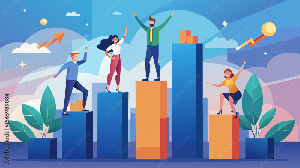 Obraz premium People celebrating success on ascending bar graph steps