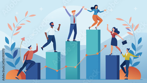 People celebrating success on a rising bar chart graph