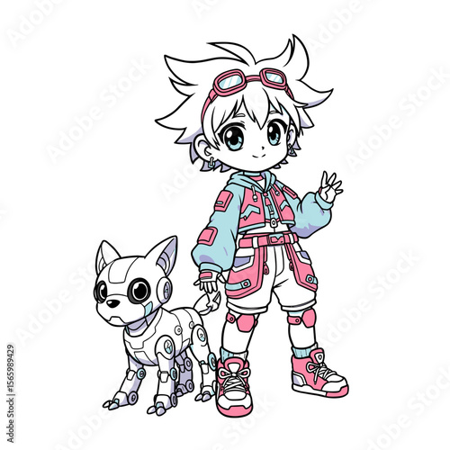 Young boy with spiky hair and robot dog in colorful outfit  
