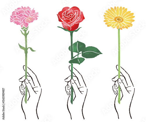 カラフルな一輪の花を持つ手のイラスト