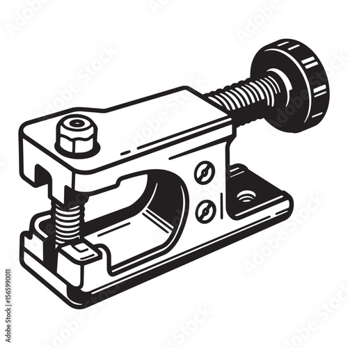 Detailed black and white illustration of a woodworking c-clamp tool with screw and grip