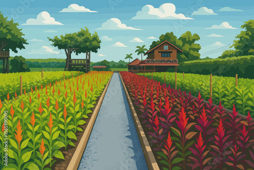 The image depicts a colorful celosia flower field under a bright blue sky scattered with fluffy clouds. A straight gravel path runs through the center of the field, dividing the red celosia flowers on
