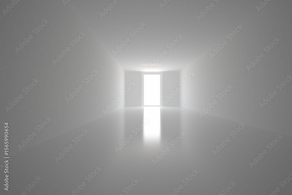 Obraz premium Minimalist flat design interior corridor is showing bright doorway reflecting light on glossy floor