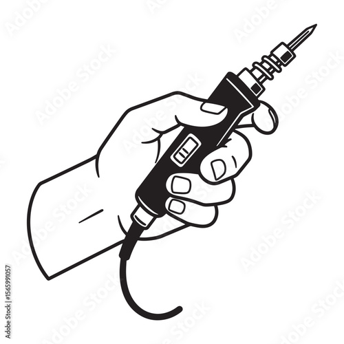 Hand holding soldering iron ready for electronics repair or electronic component work
