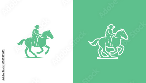 Cowboy riding horse silhouette logo in minimalist vector style, generative ai