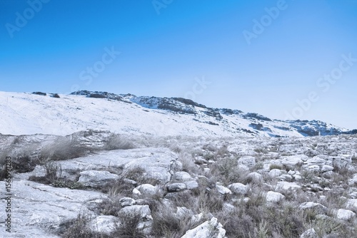 Wallpaper Mural Flat design illustration is showing snow-covered rocky plateau and hillside under vivid blue sky Torontodigital.ca