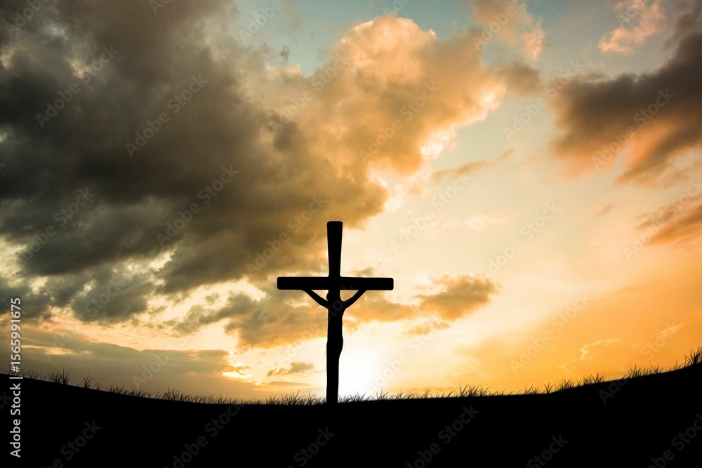 Obraz premium Cross religion symbol shape over sunset sky