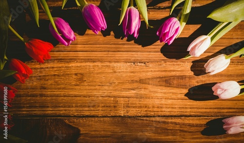 Fototapeta Naklejka Na Ścianę i Meble -  Red pink purple and white tulip blooms are forming border along rustic wooden tabletop, flat design
