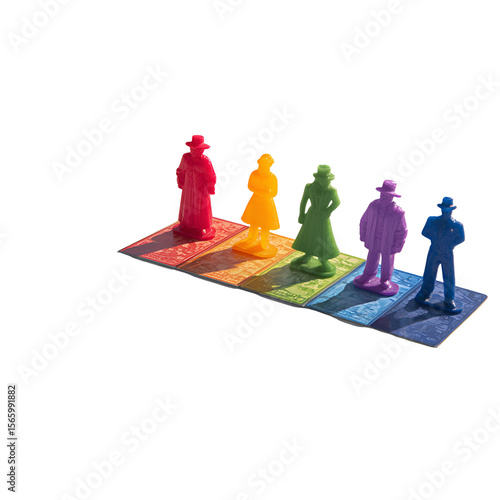 Rainbow Clue Game Pieces on Board, Colorful Suspects