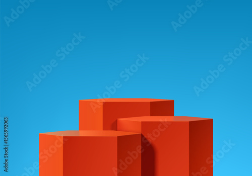 3D orange hexagon podium background with blue sky scene in summer concept. Minimalist mockup pedestal, Abstract cosmetic stand product display presentation, Stage for showcase. Platforms vector design
