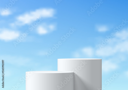 Realistic white 3D round podium set background with blue sky, White cloud scene. Minimalist mockup pedestal, Abstract product display presentation, Stage showcase. Platforms vector geometric design.