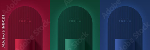 Set of 3D dark red, green, blue cylindrical podium background with arch backdrop. 3D Studio room wall scene. Minimalist mockup pedestal, Abstract stand product display presentation, Stage for showcase